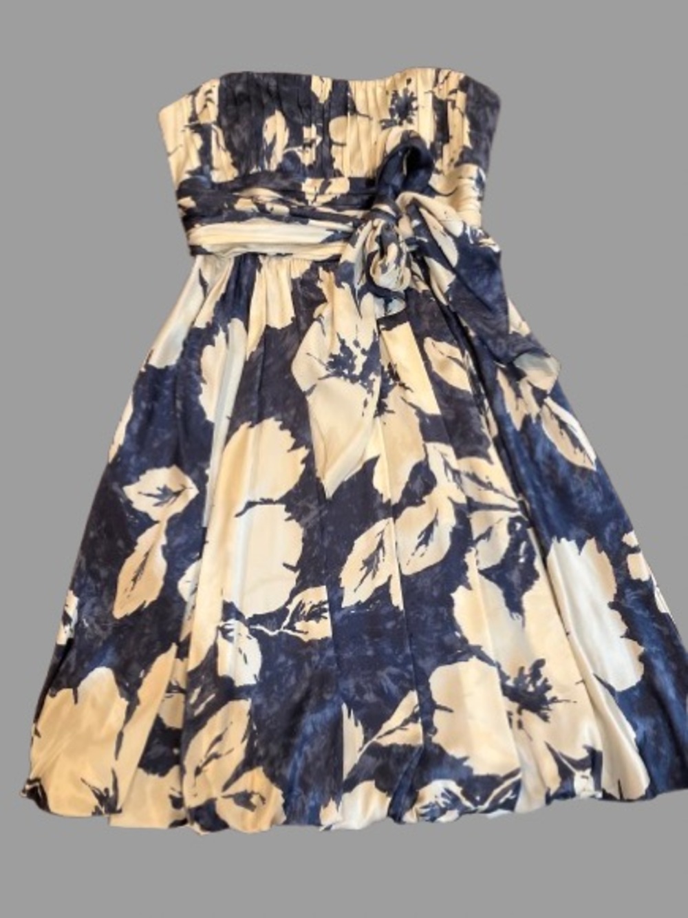BCBGMaxAzria Silk Navy and Cream Strapless Floral Mini Dress